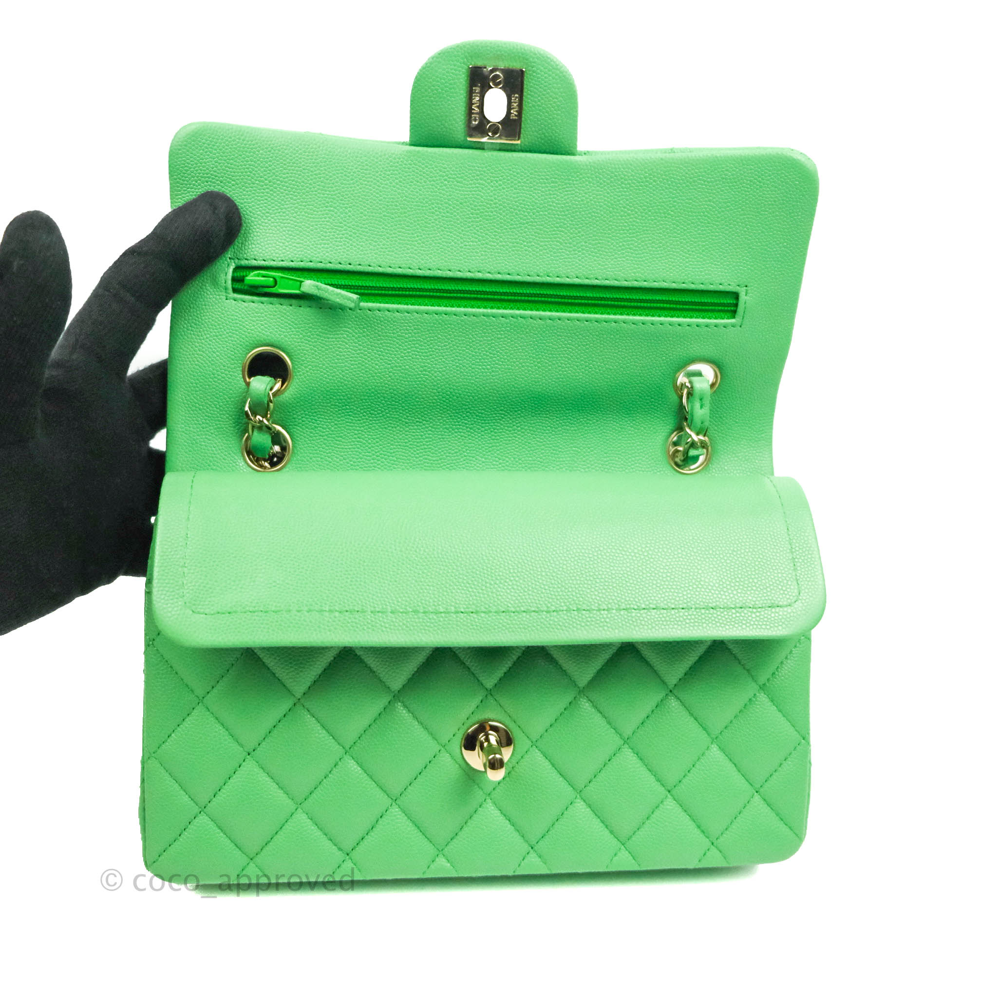 flap bag mini 20cm dark green caviar gold hardware