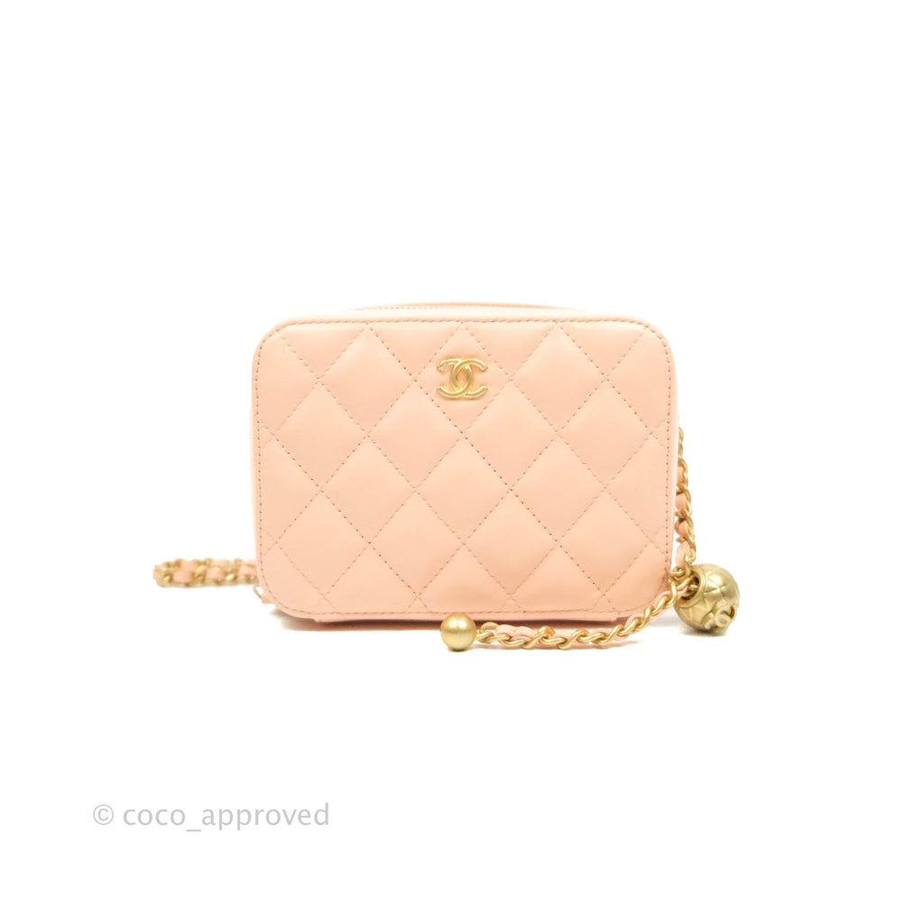Chanel Mini Pearl Crush Quilted Camera Case Beige Pink Lambskin Aged Gold Hardware