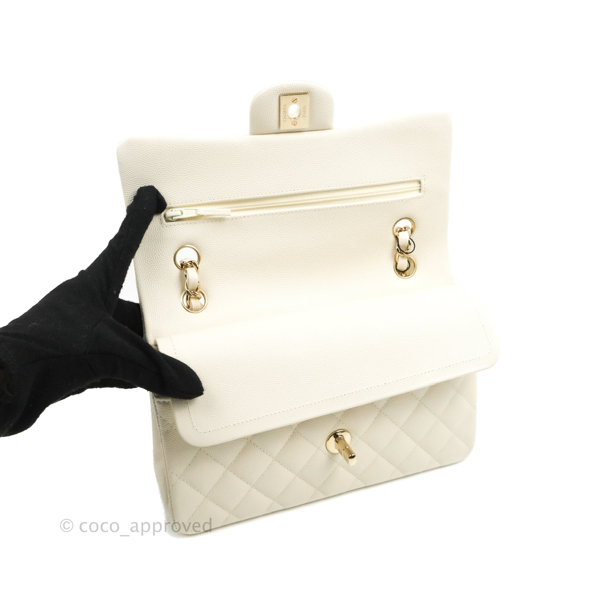 White Quilted Caviar Small Flap Bag Gold Hardware, 2022