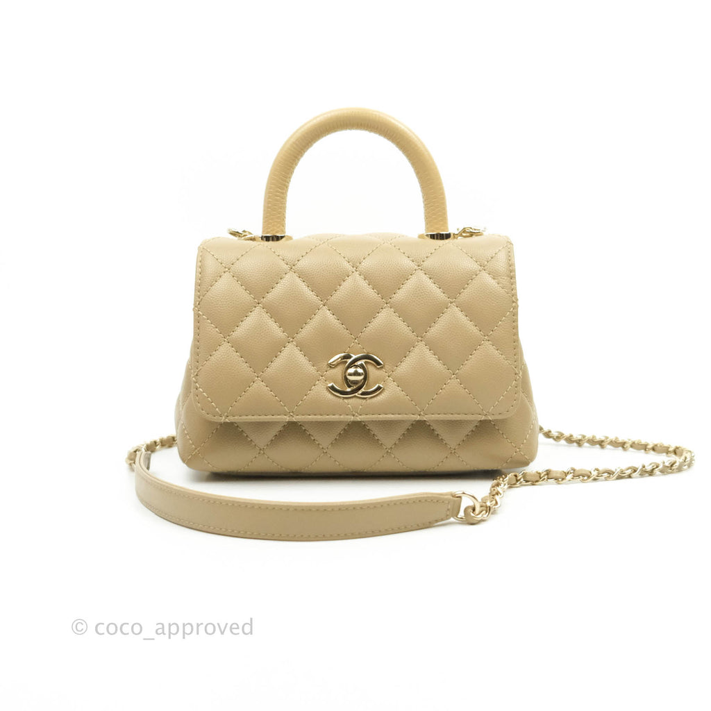 Chanel Mini Beige Coco Handle Quilted Caviar Gold Hardware Embossed Lizard Handle 21A