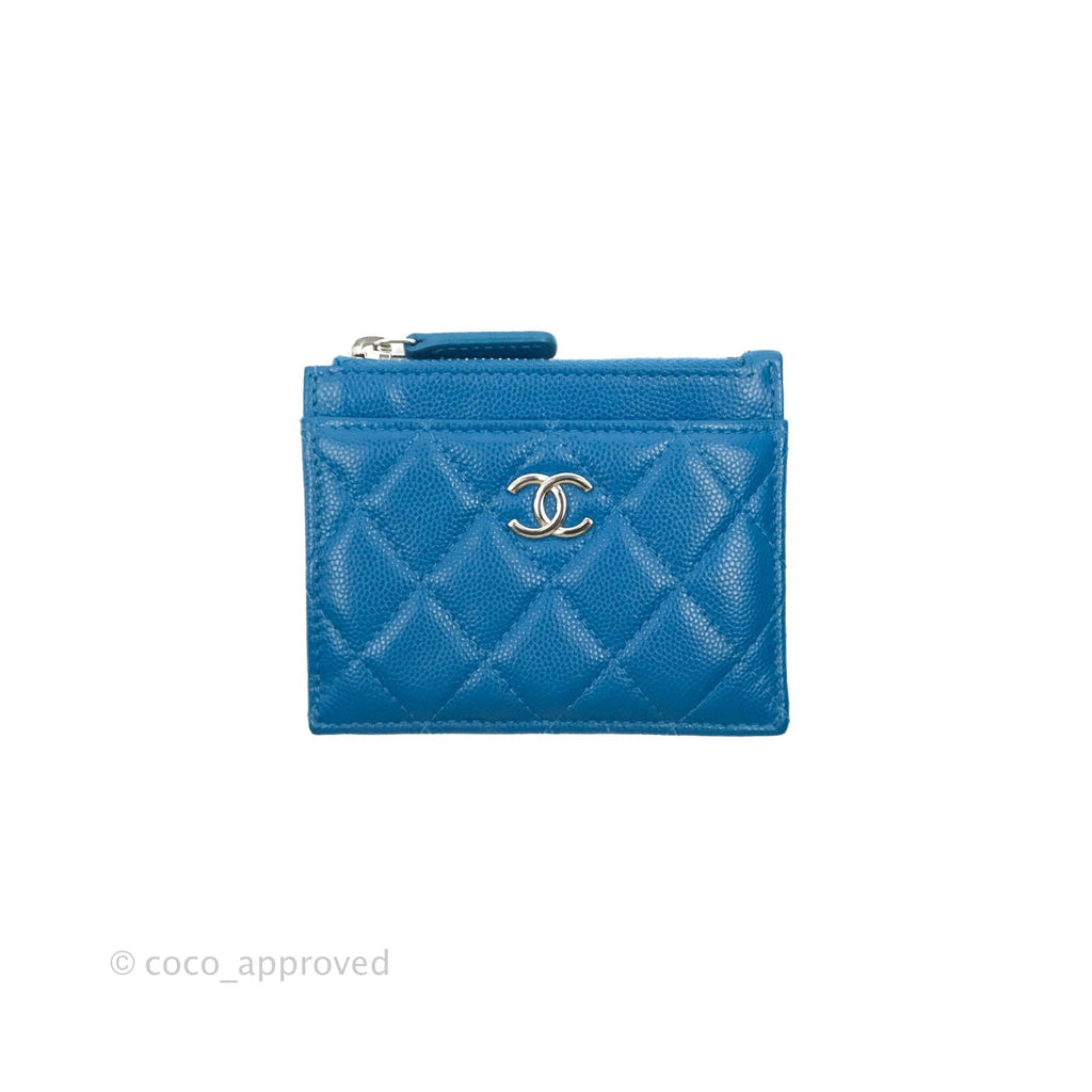 Chanel Quilted CC Zipped Card Holder Blue Caviar Silver Hardware