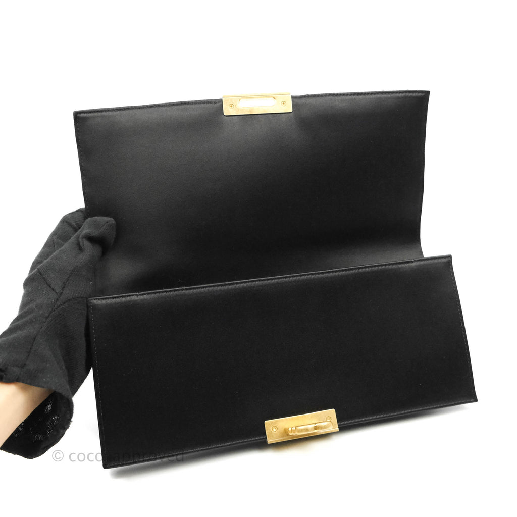 Chanel Pleated CC Flip Lock Black Satin Clutch Aged Gold Hardware 20C