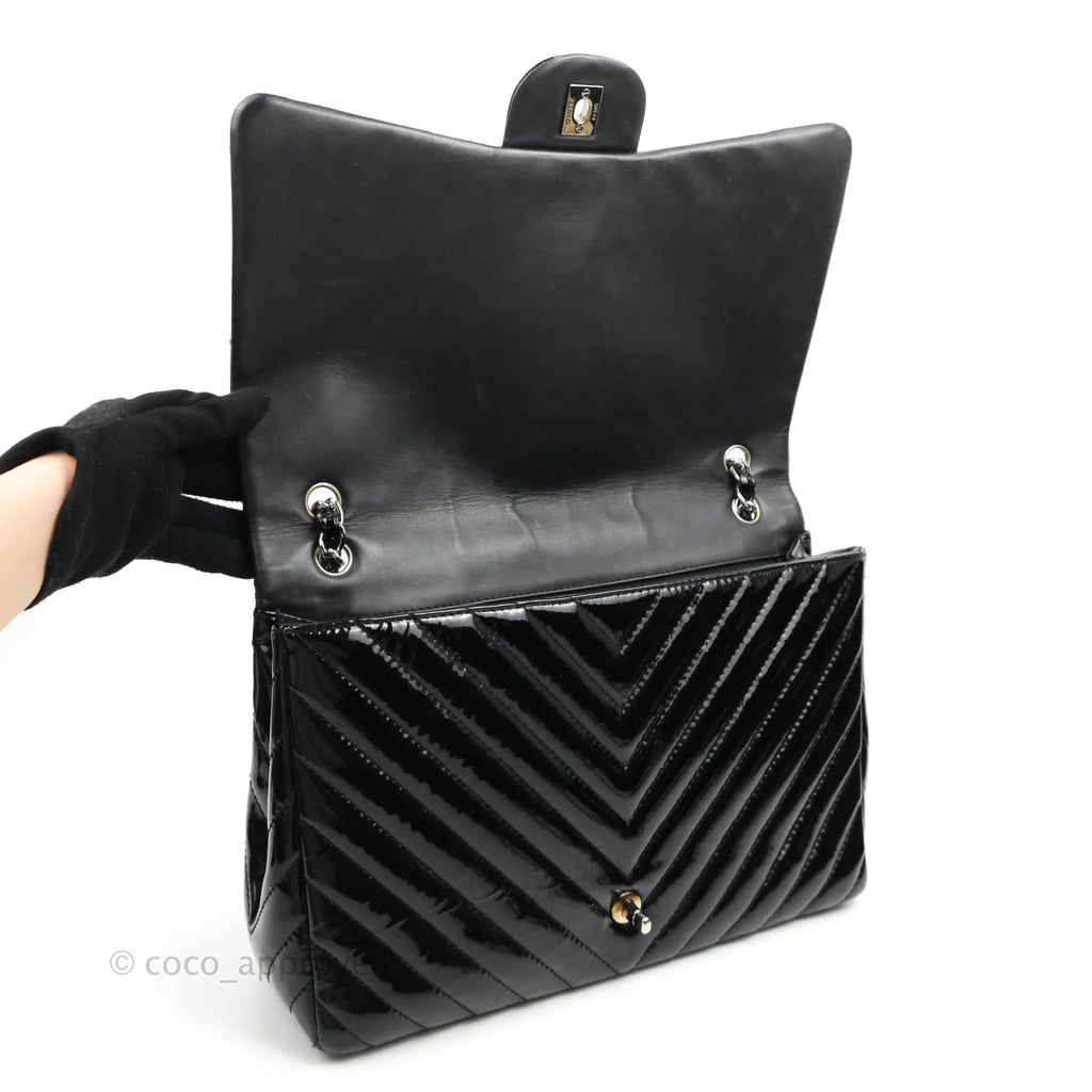 Chanel Single Flap Maxi Chevron Black Patent Silver Hardware