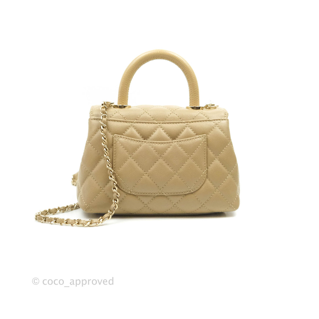 Chanel Mini Beige Coco Handle Quilted Caviar Gold Hardware Embossed Lizard Handle 21A