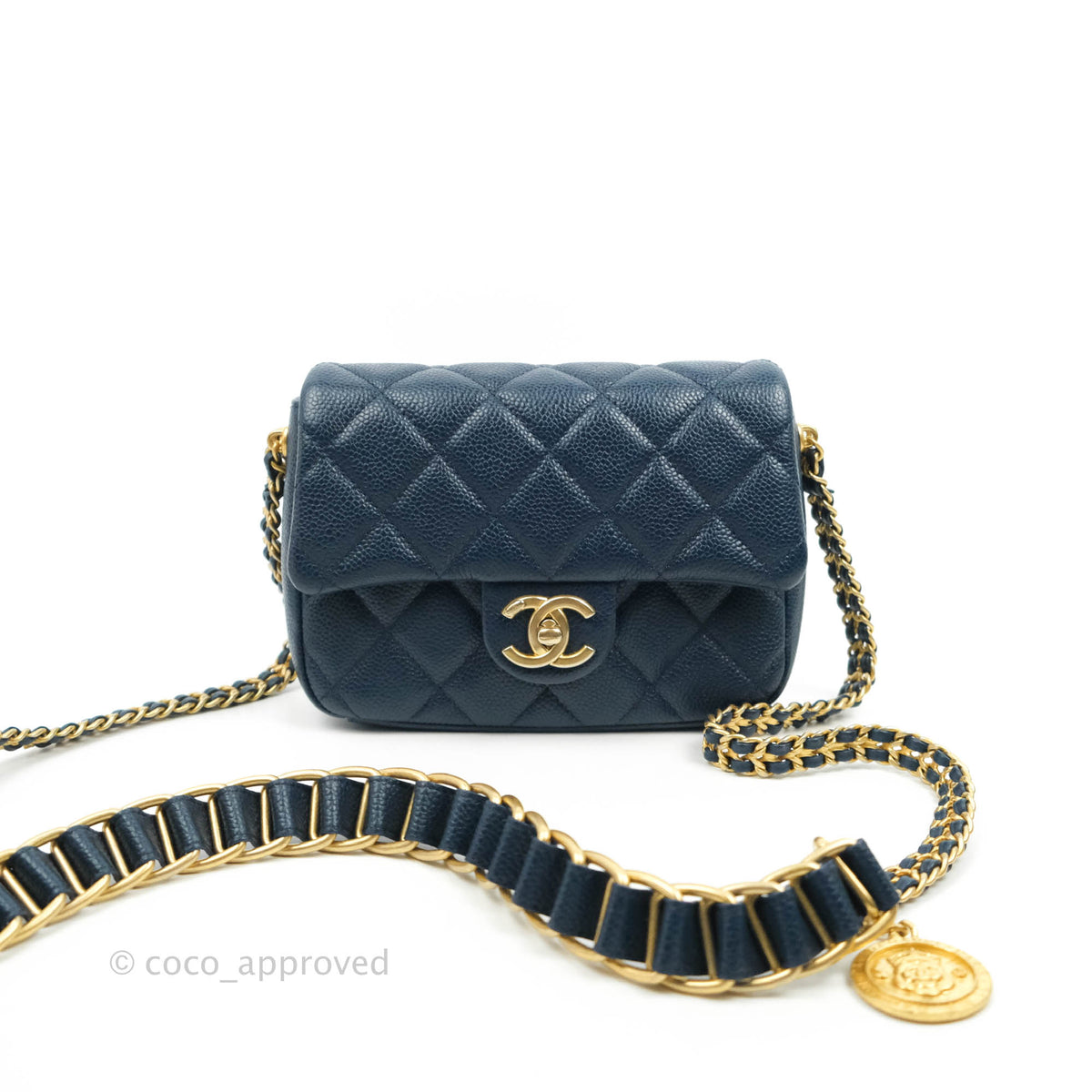 Chanel Mini Flap Bag Coin Charm Soul Chain White Caviar Aged Gold