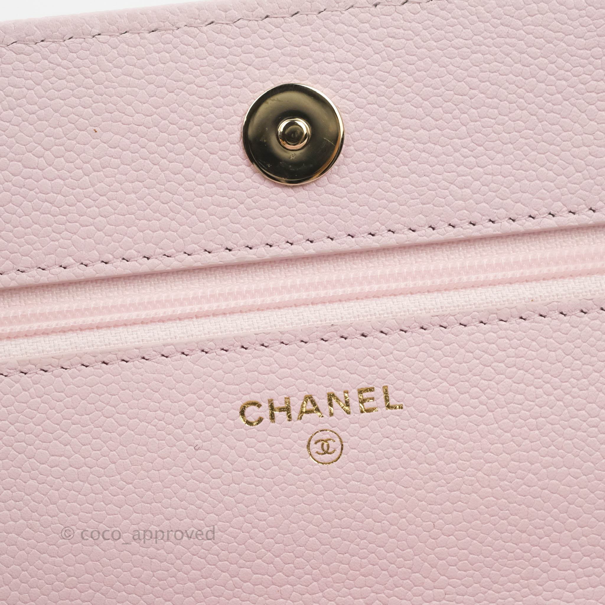 Chanel Quilted CC Chain Wallet on Chain WOC Light Pink Caviar Gold Har –  Coco Approved Studio