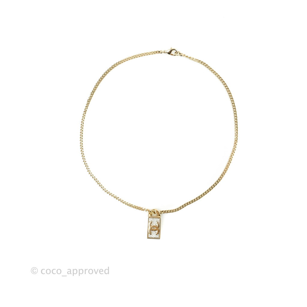 Chanel Plate CC Crystal Necklace Gold Tone 21C