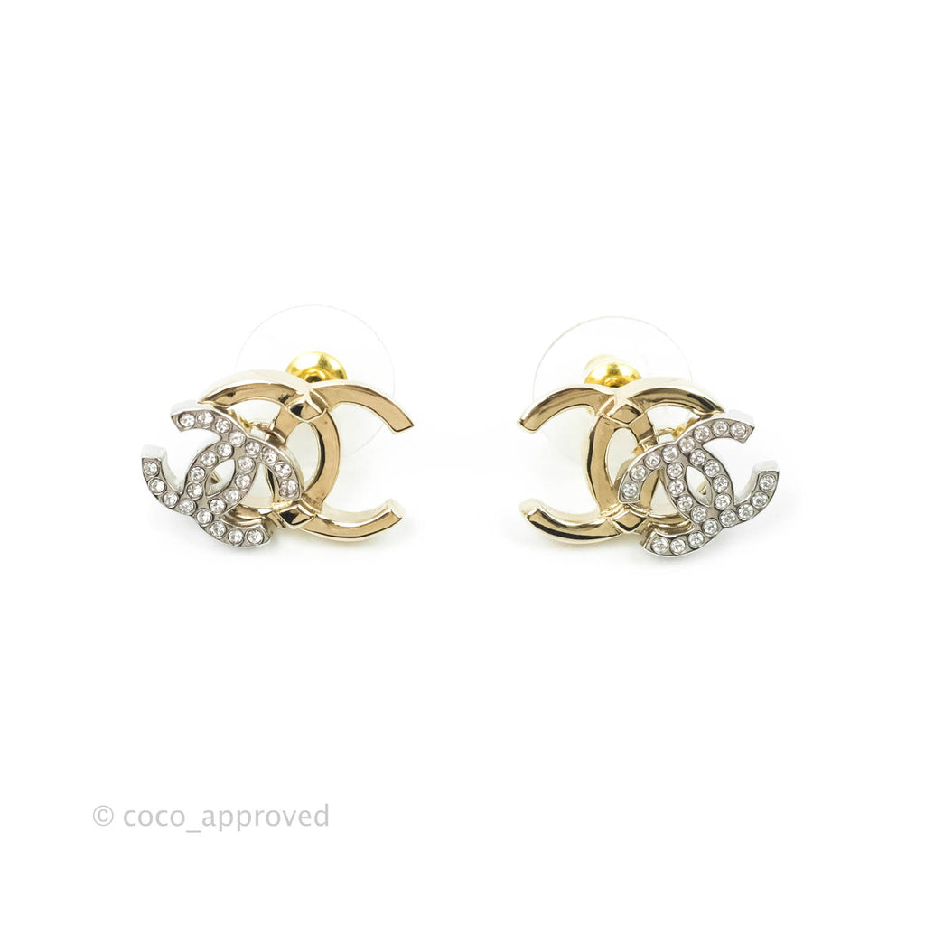 Chanel Double Crystal CC Earrings Silver & Gold Tone 21A