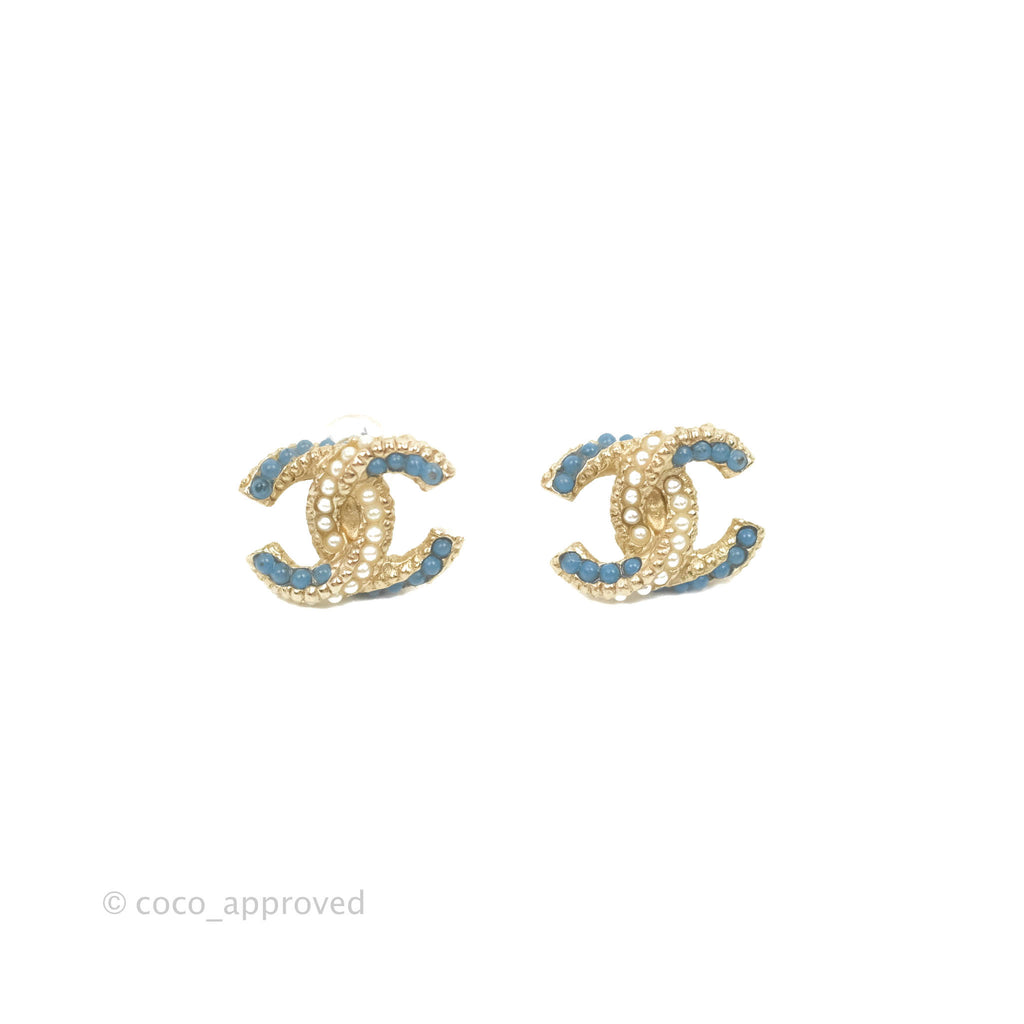 Chanel CC Pearl Blue Resin Earrings Gold Tone 18P