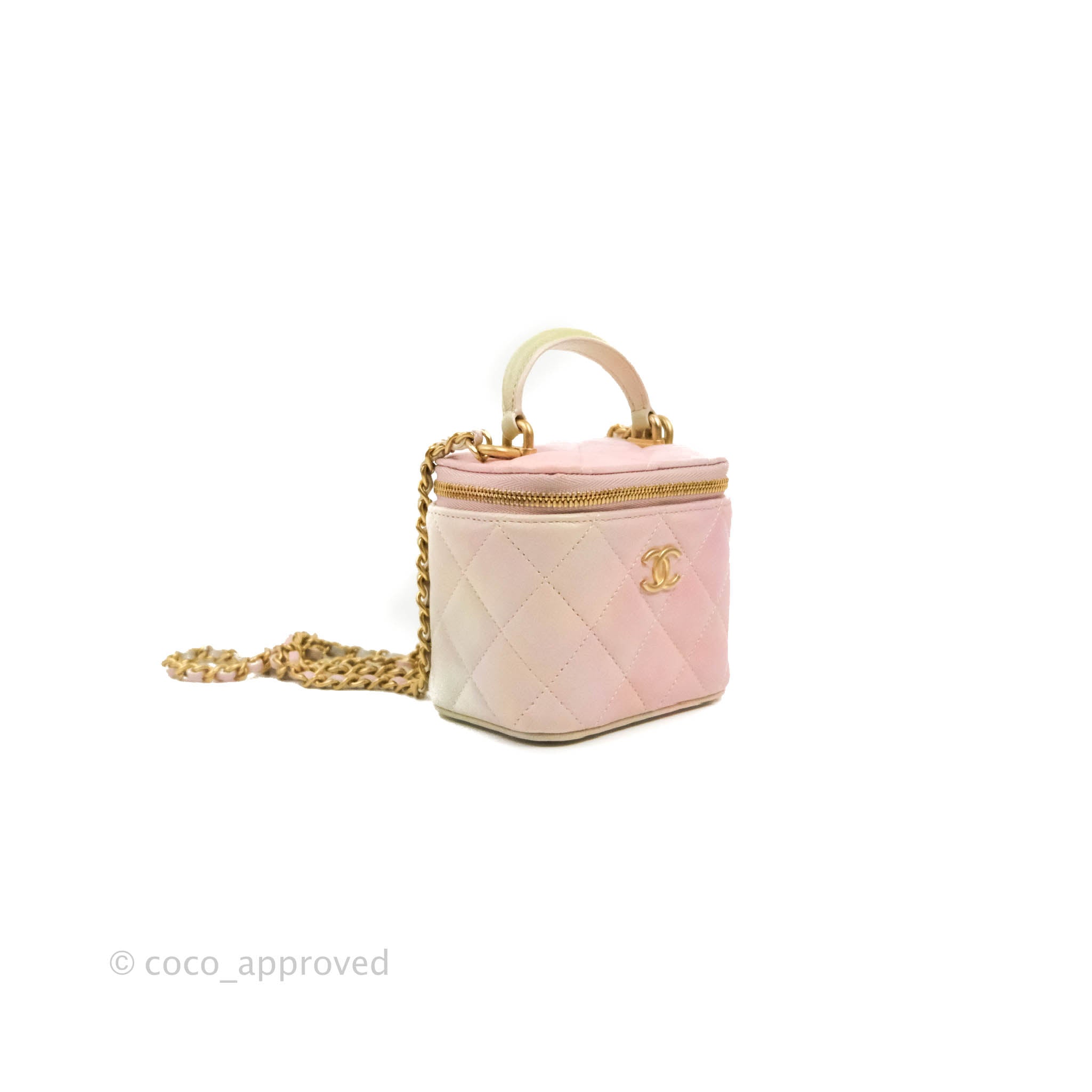 Chanel Mini Top Handle Vanity With Chain Beige Lambskin Aged Gold