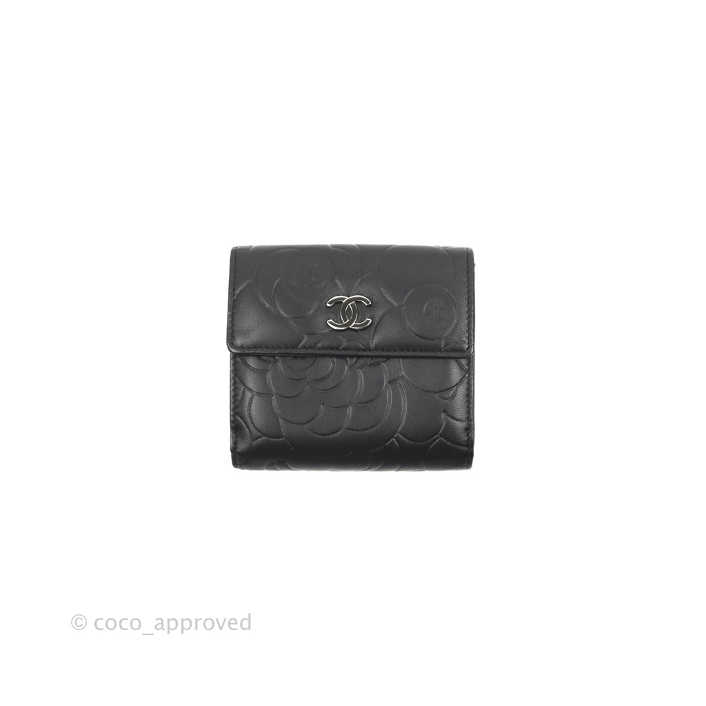 Chanel Camellia Embossed Tri-fold Short Wallet Black Lambskin Silver Hardware