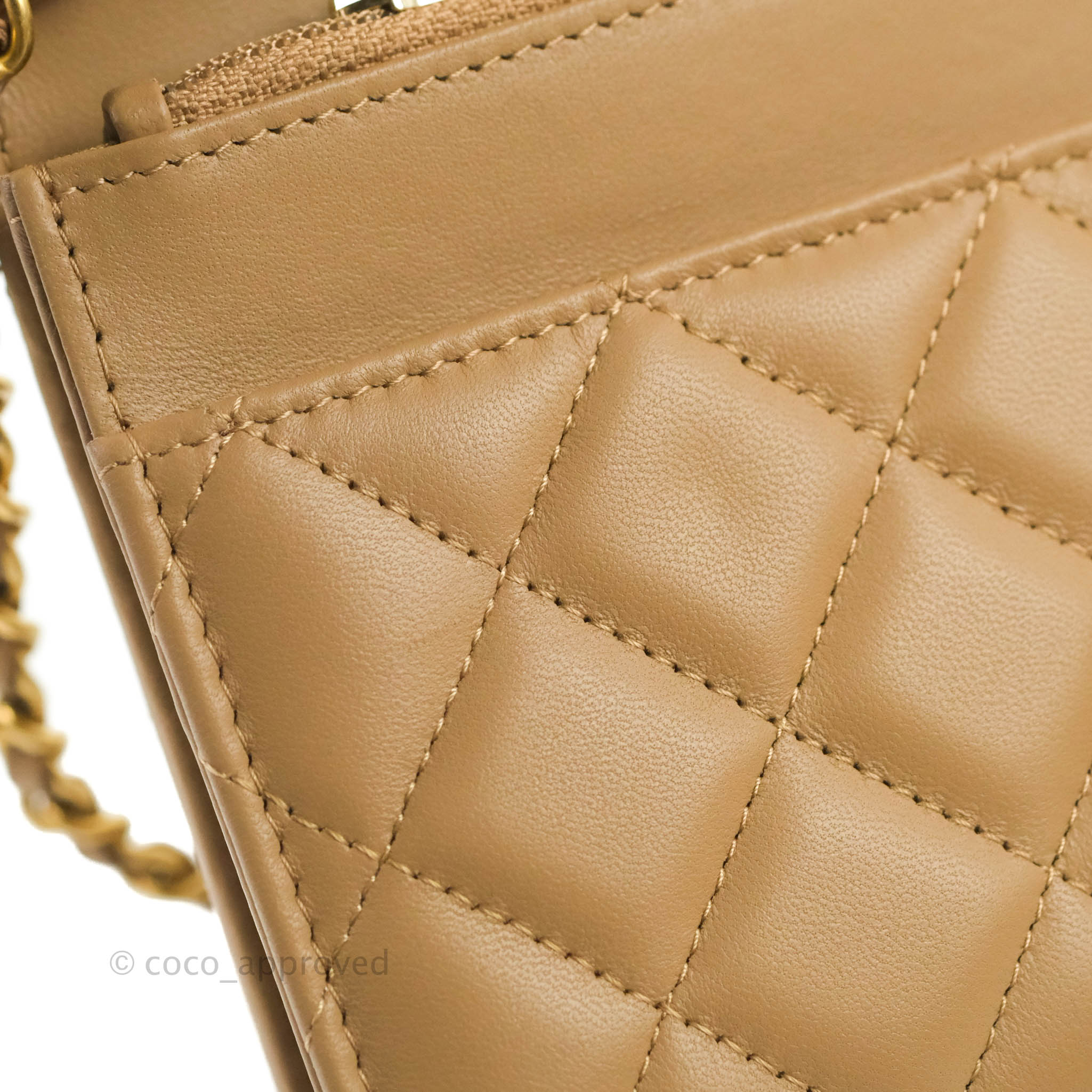 Chanel Quilted Pearl Crush Wallet on Chain WOC Beige Lambskin Aged Gol – Coco  Approved Studio
