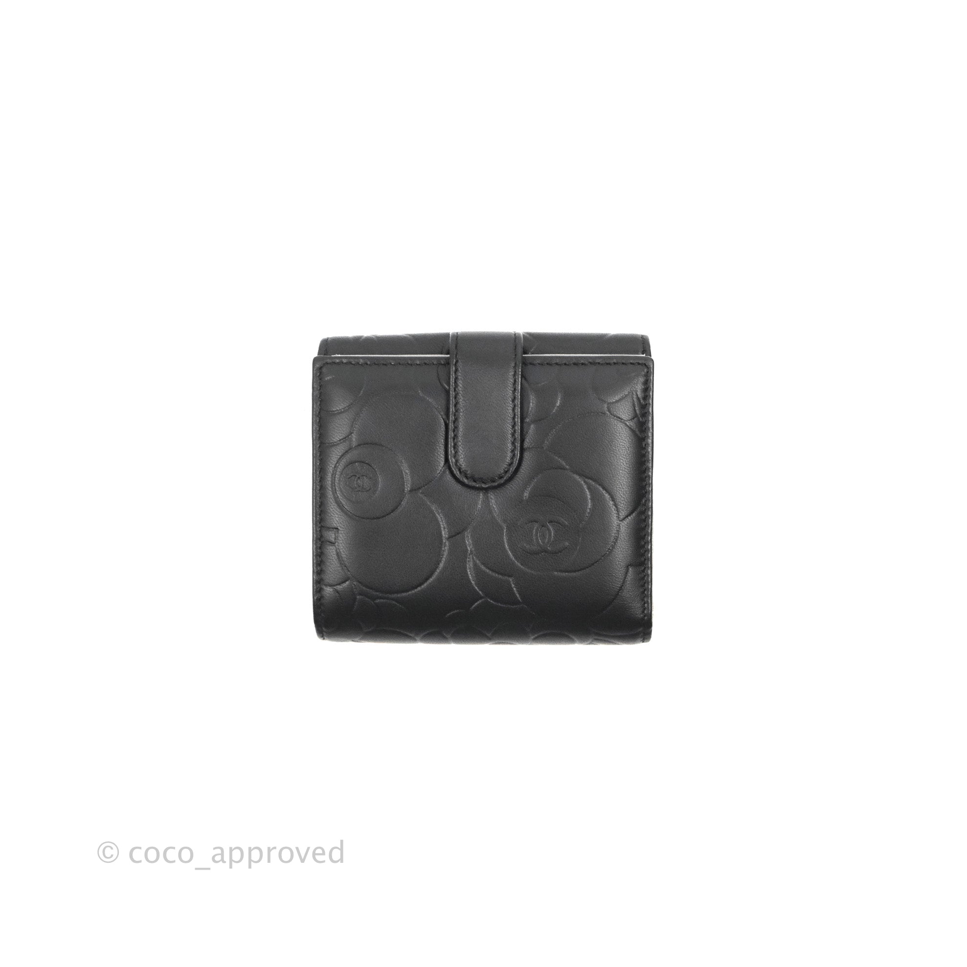 Chanel Camellia Embossed Tri-fold Short Wallet Black Lambskin Silver H –  Coco Approved Studio