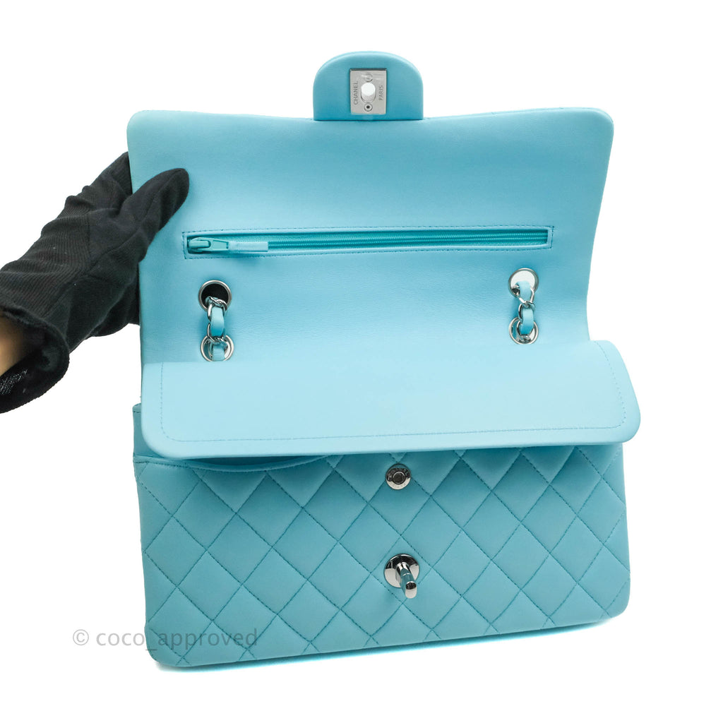 Chanel Classic M/L Medium Double Flap Tiffany Neon Blue Lambskin Silver Hardware 21S