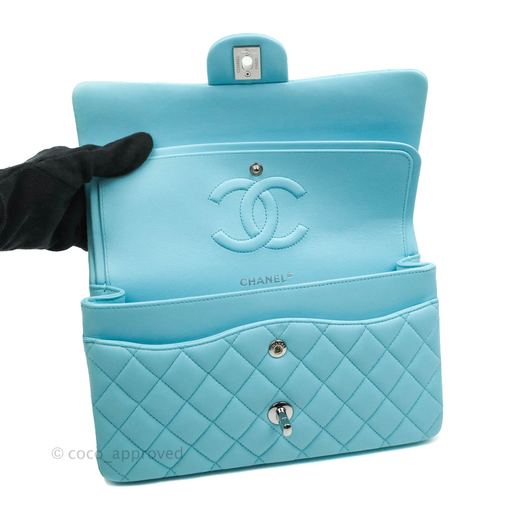 Chanel Classic M/L Medium Double Flap Tiffany Neon Blue Lambskin Silver Hardware 21S