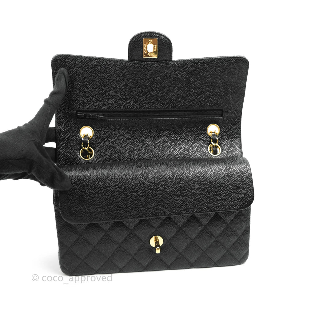 Chanel Classic M/L Medium Double Flap Black Caviar 24k Gold Hardware
