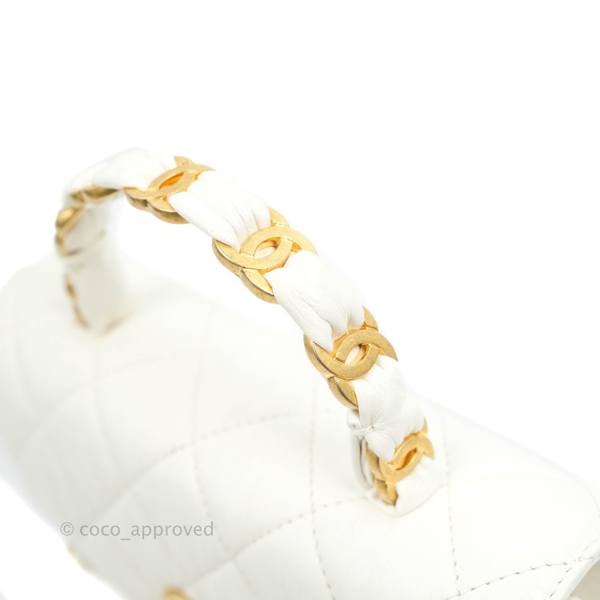 Bag with top handle, Calfskin & gold-tone metal, white — Fashion