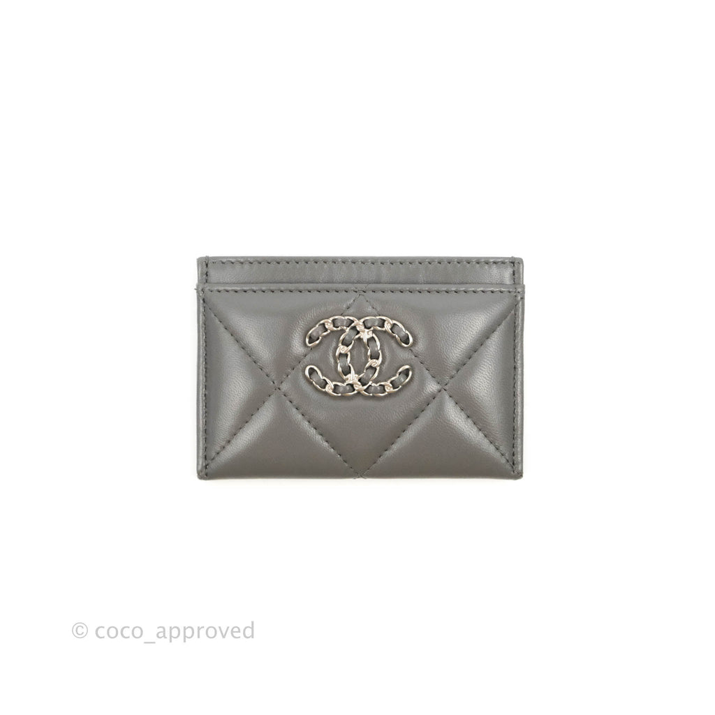 Chanel 19 Quilted Grey Flat Card Holder Silver Hardware
