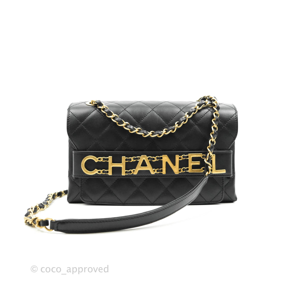 Chanel Logo Enchained Flap Bag Black Calfskin Gold Hardware