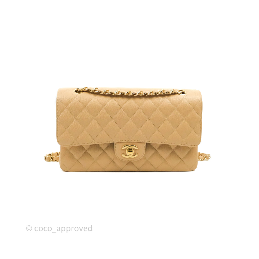 Chanel Classic M/L Medium Flap Quilted Beige Caviar Gold Hardware