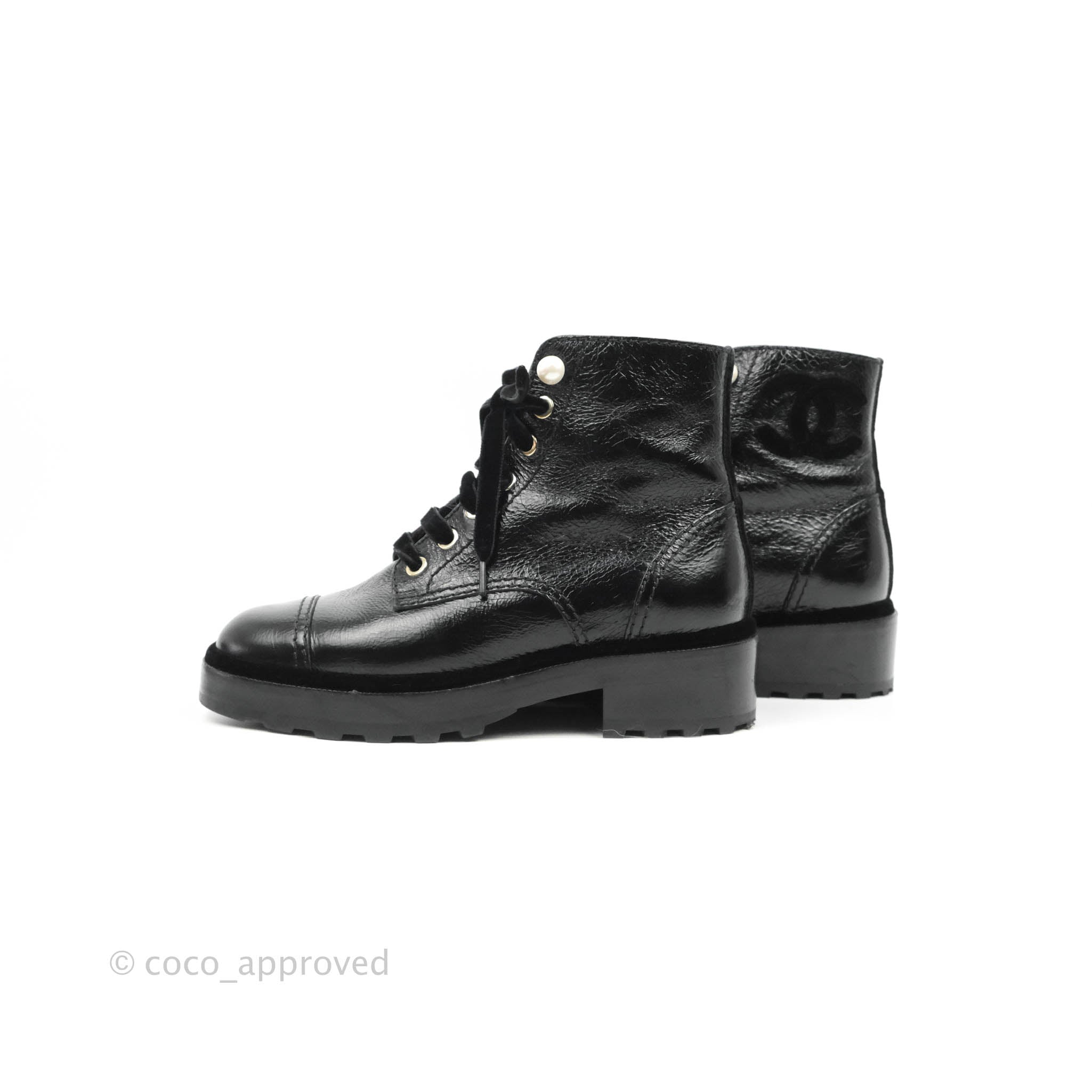 Chanel CC Pearl Crumpled Glazed Black Calfskin Combat Boots with