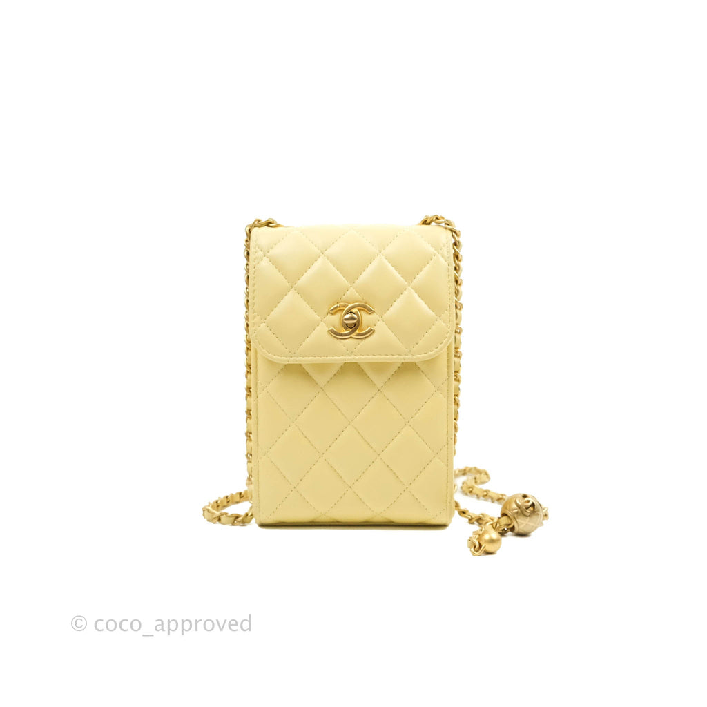 Chanel Quilted Pearl Crush Phone Holder With Chain Yellow Lambskin