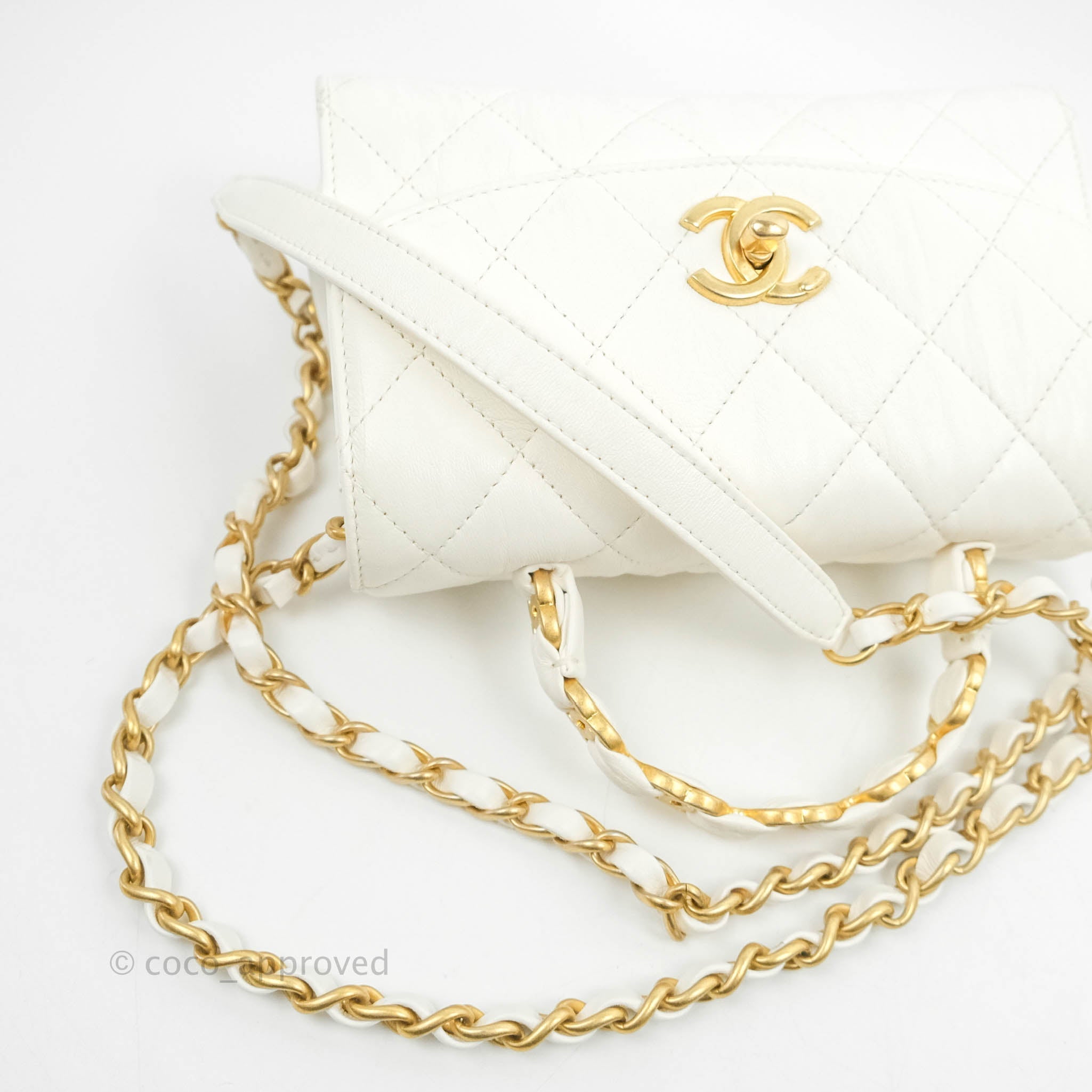 Bag with top handle, Calfskin & gold-tone metal, white — Fashion