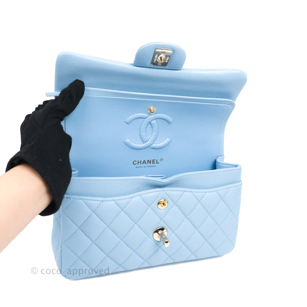 Chanel Small Classic Quilted Flap Light Blue Caviar Gold Hardware