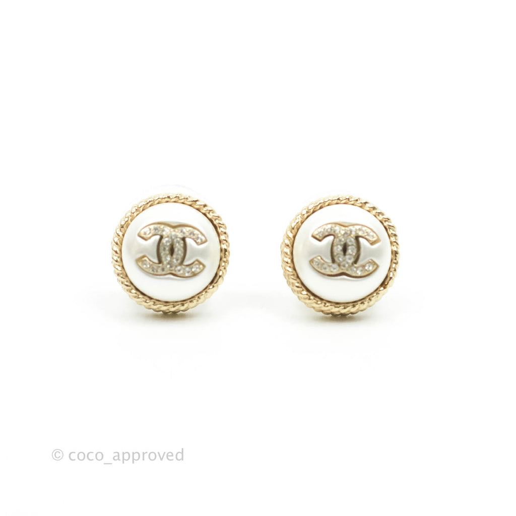 Chanel CC Crystal Round Earrings Gold Tone 21P