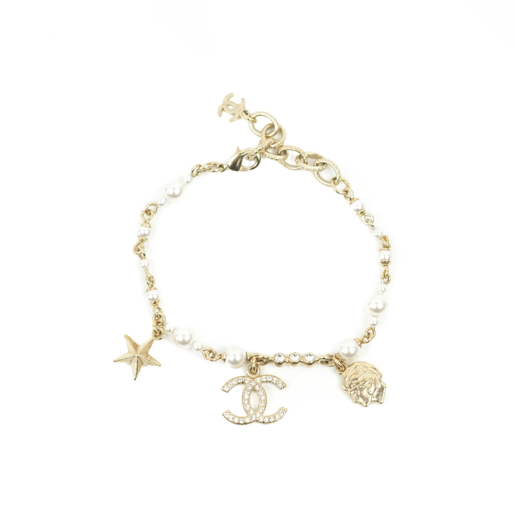 Chanel CC Crystal Pearl Charm Bracelet Gold Tone 20C