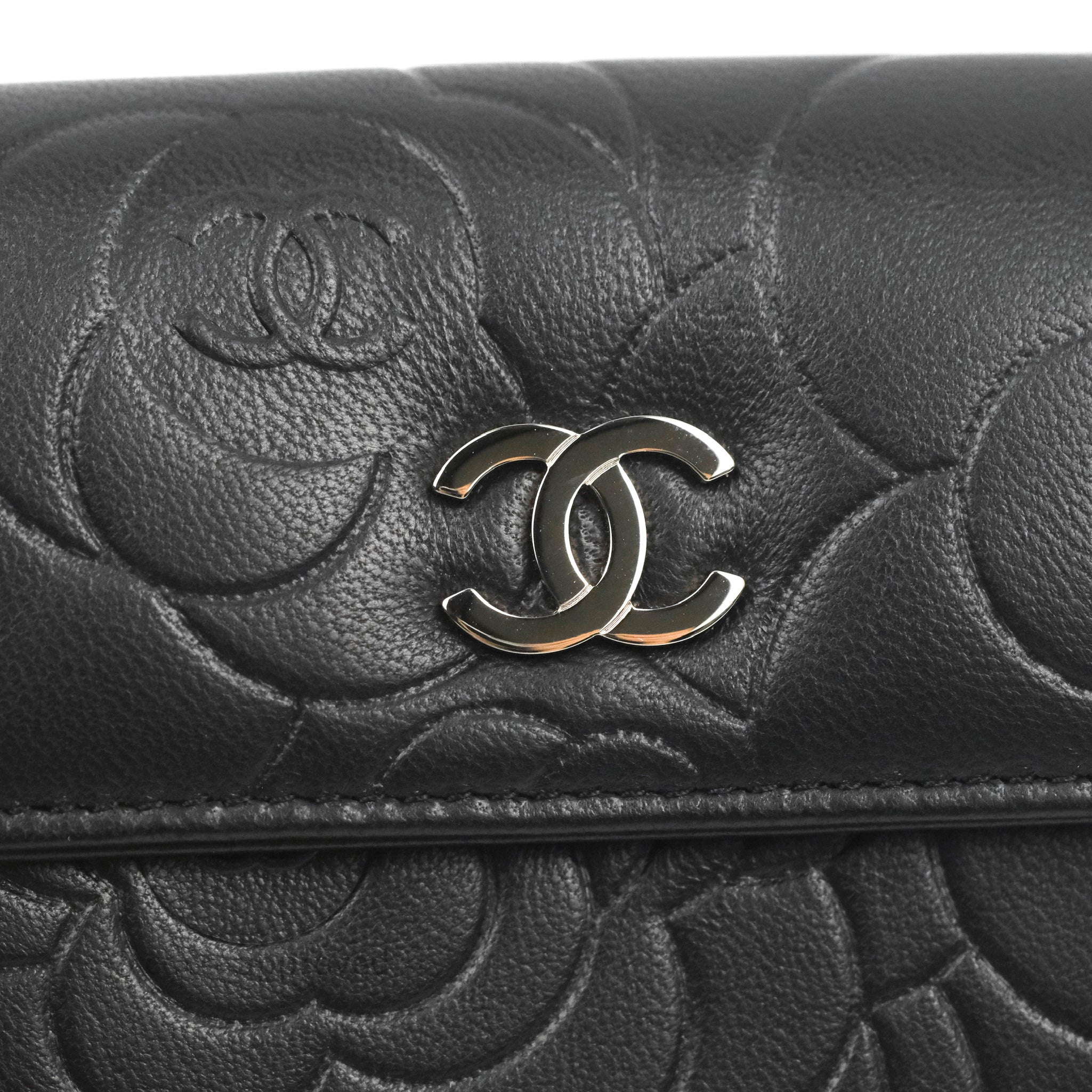 Chanel Camellia Embossed Tri-fold Short Wallet Black Lambskin