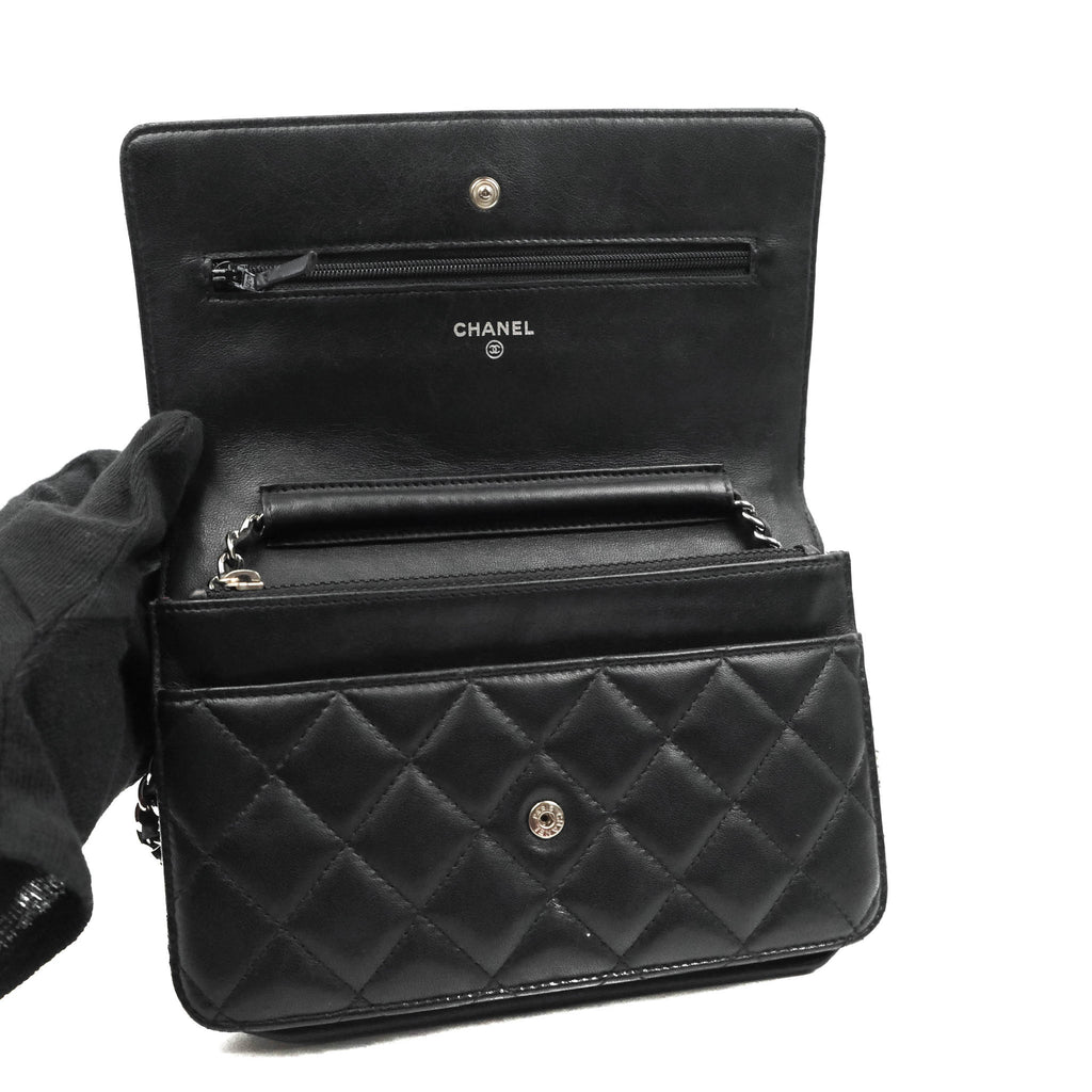 Chanel Quilted Wallet on Chain WOC Black Lambskin Silver Hardware