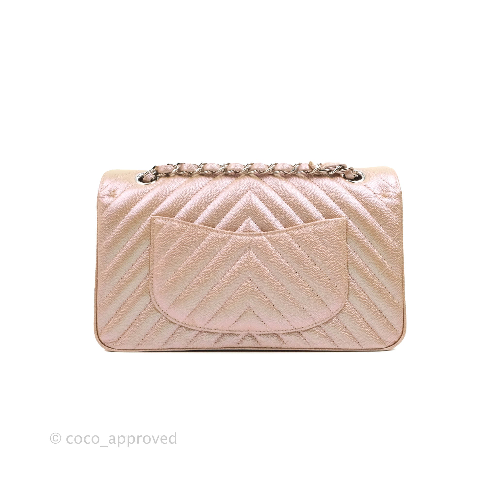 Chanel Iridescent Rose Gold Chevron Quilted Caviar Medium Classic Double Flap Silver Hardware, 2017, Beige Womens Handbag