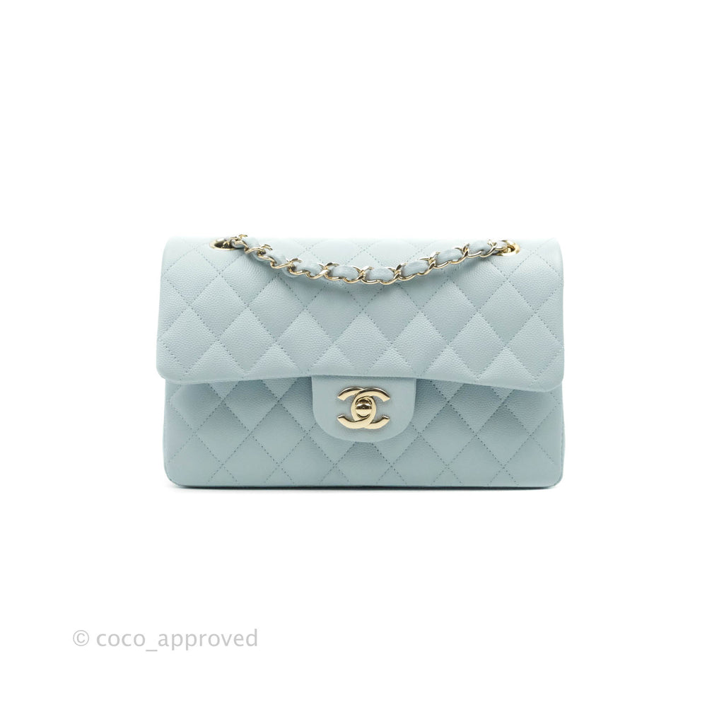 Chanel Small Classic Quilted Flap Light Blue Caviar Gold Hardware