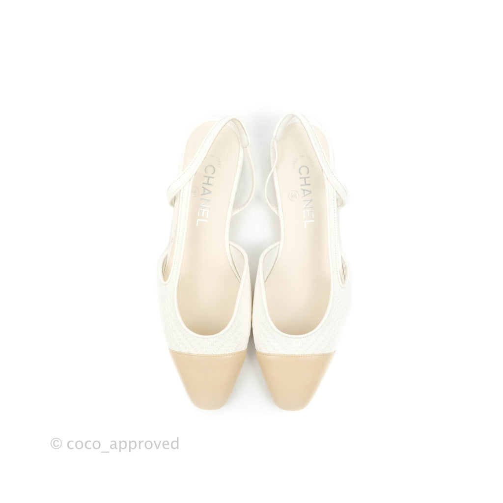 Chanel Slingback Beige White Leather Size 38.5