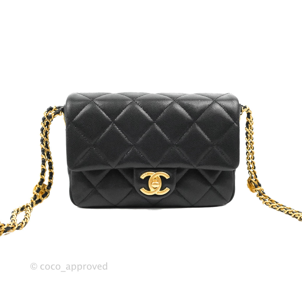 Chanel Small Flap with Coin Charm Black Caviar Aged Gold Hardware 22A
