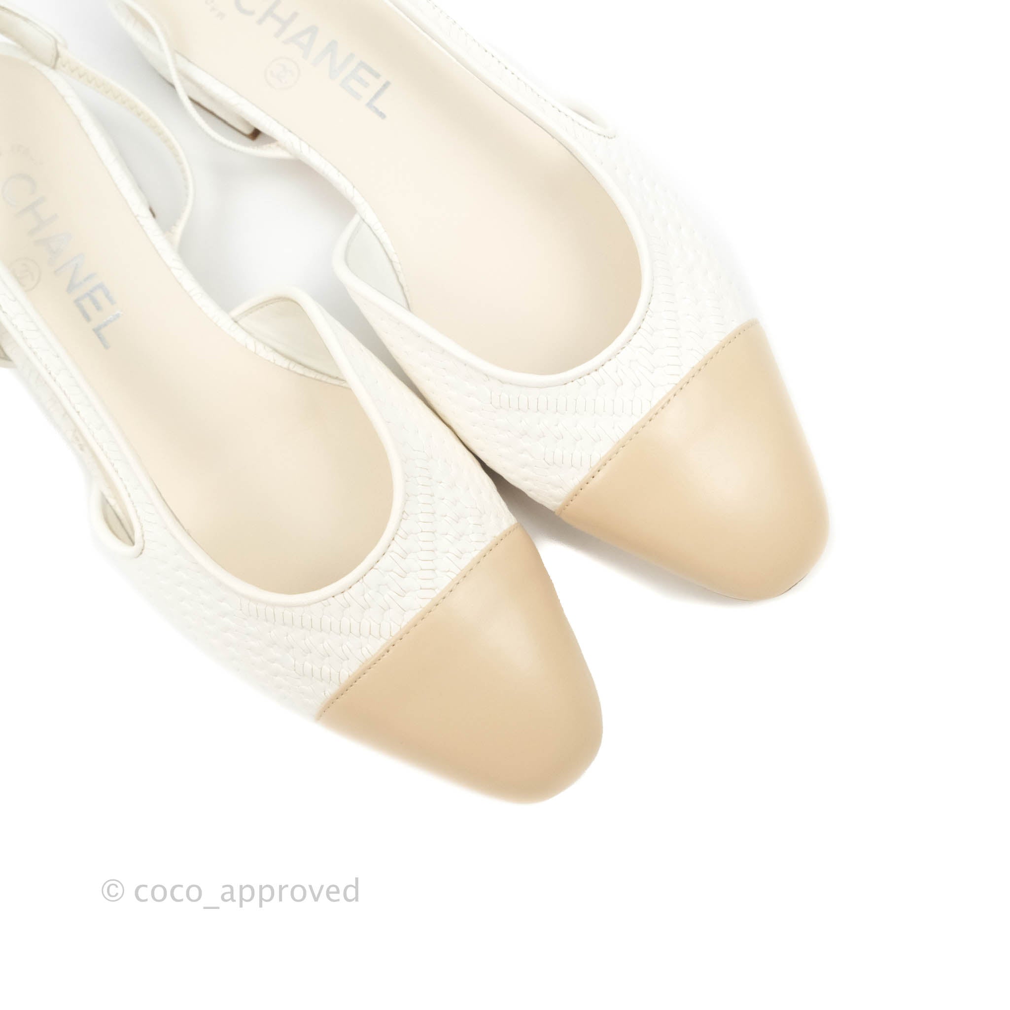 Chanel Slingback Beige White Leather Size 38.5 – Coco Approved Studio