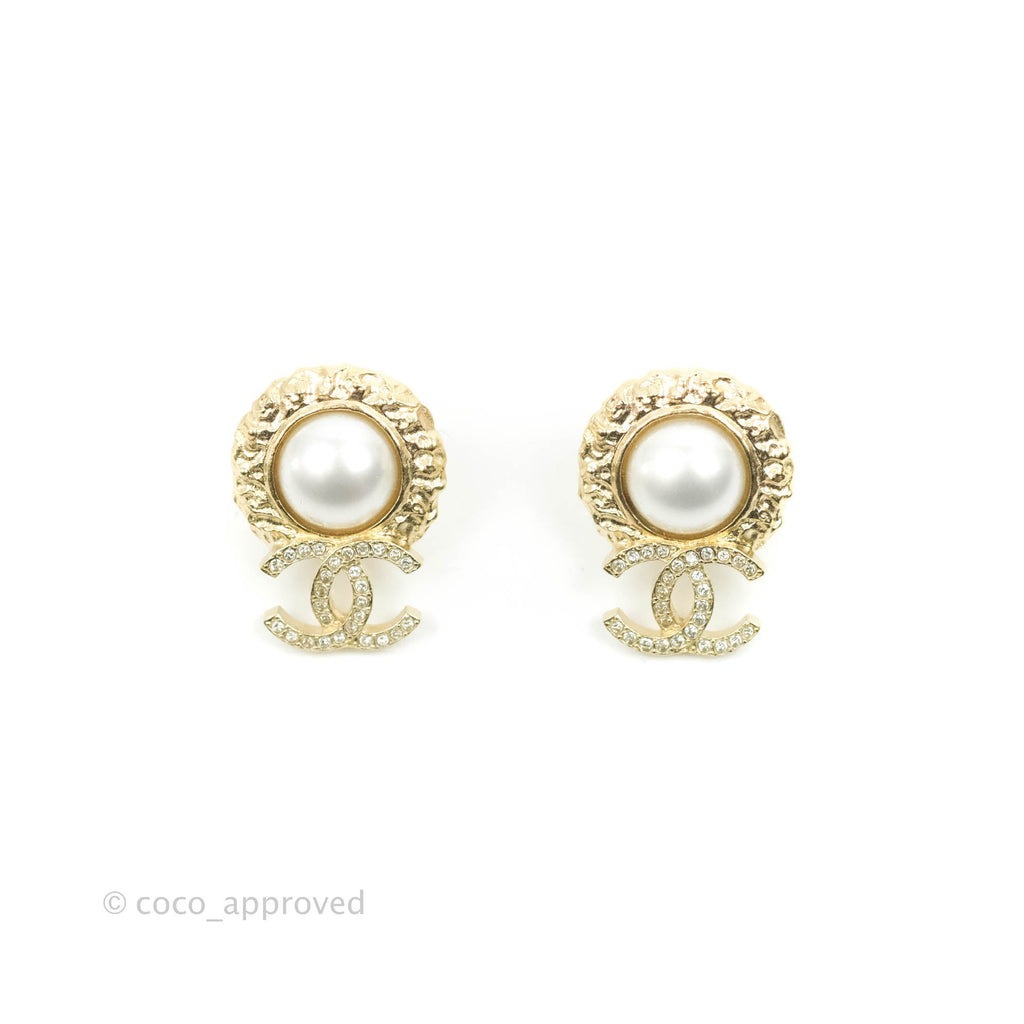 Chanel Pearl Crystal CC Earrings Gold Tone 22C