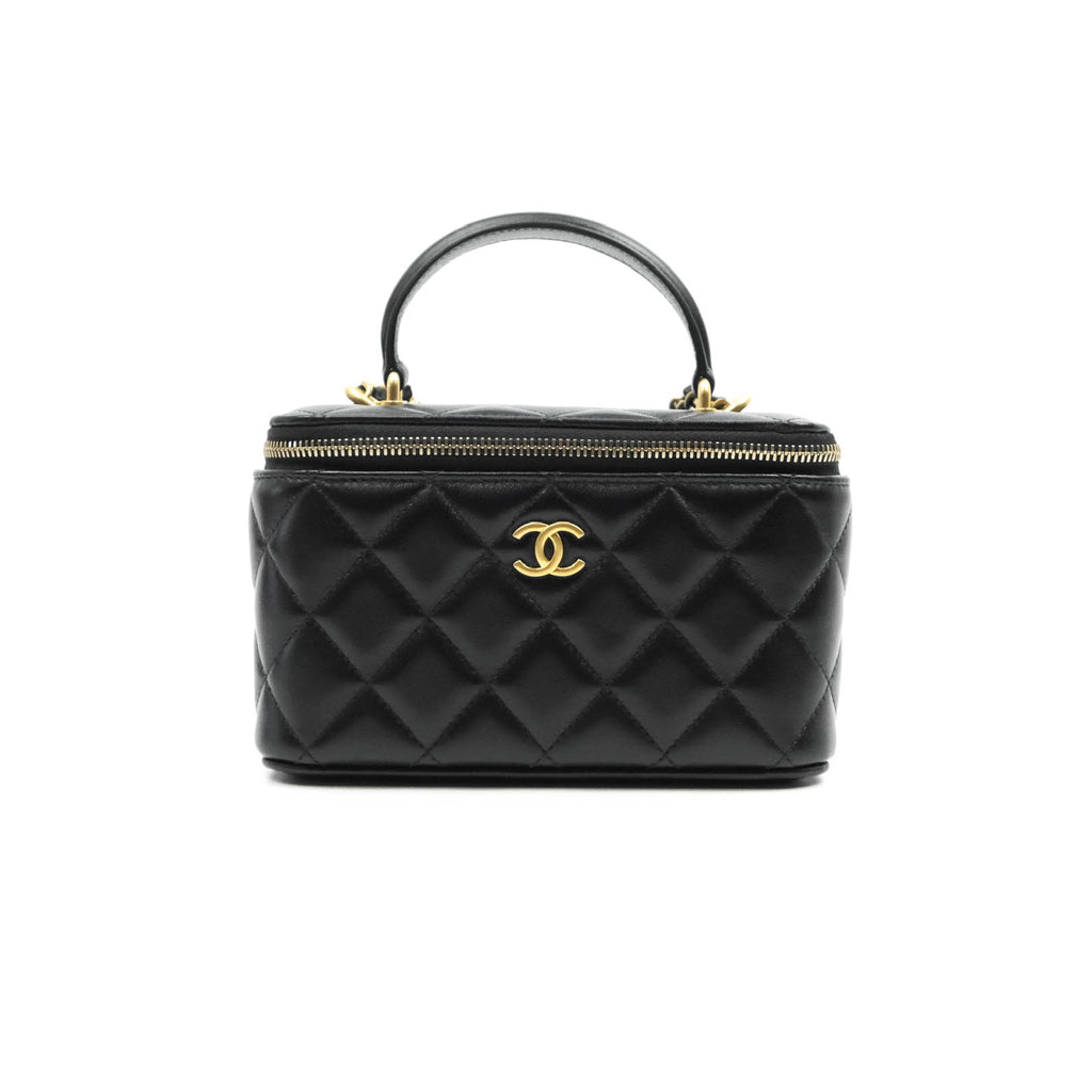 Chanel Classic Vanity Rectangular Top Handle With Chain Black Lambskin Aged Gold Hardware