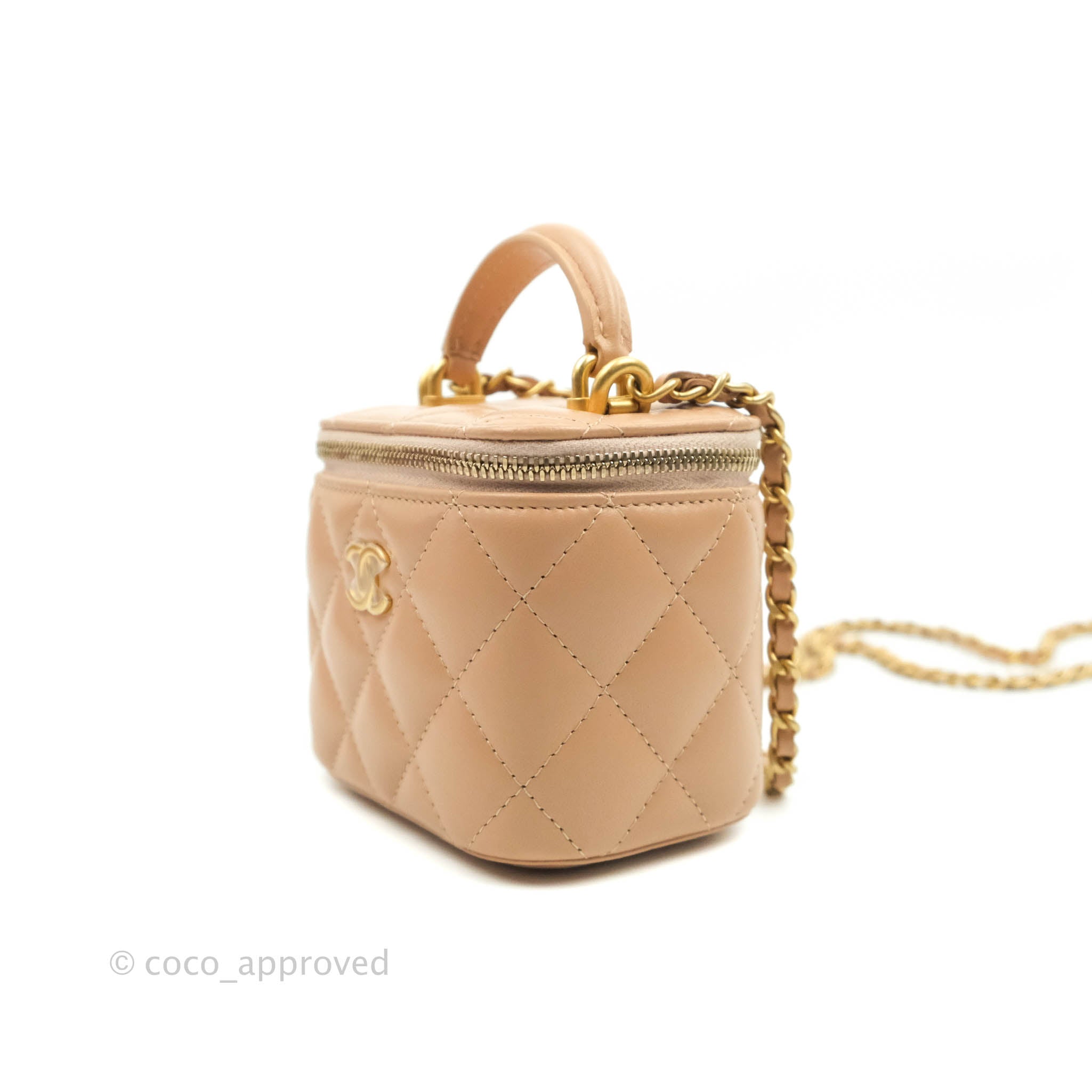 Chanel Mini Top Handle Vanity With Chain Beige Lambskin Aged Gold Hard –  Coco Approved Studio