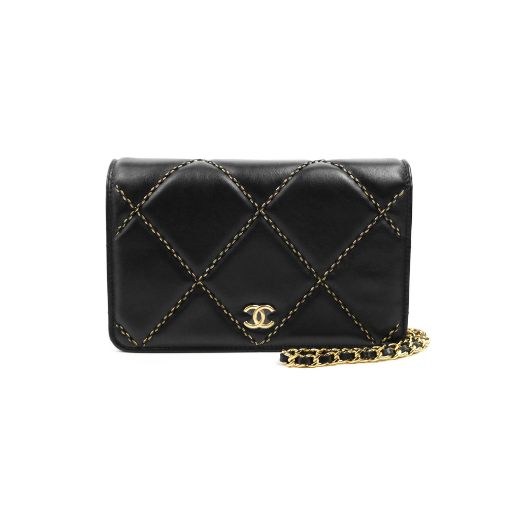 Chanel Quilted Wallet on Chain WOC Stitching Black Lambskin Gold Hardware