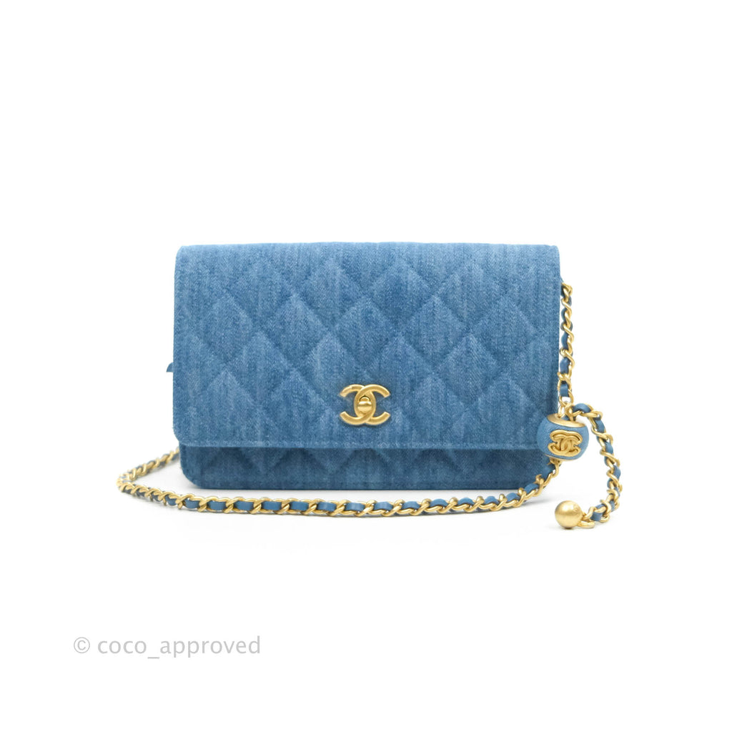 Chanel Quilted Pearl Crush Wallet on Chain WOC Denim Aged Gold Hardware