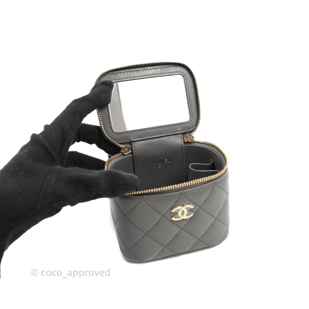 Chanel Mini Top Handle Vanity With Chain Dark Grey Lambskin Gold Hardware