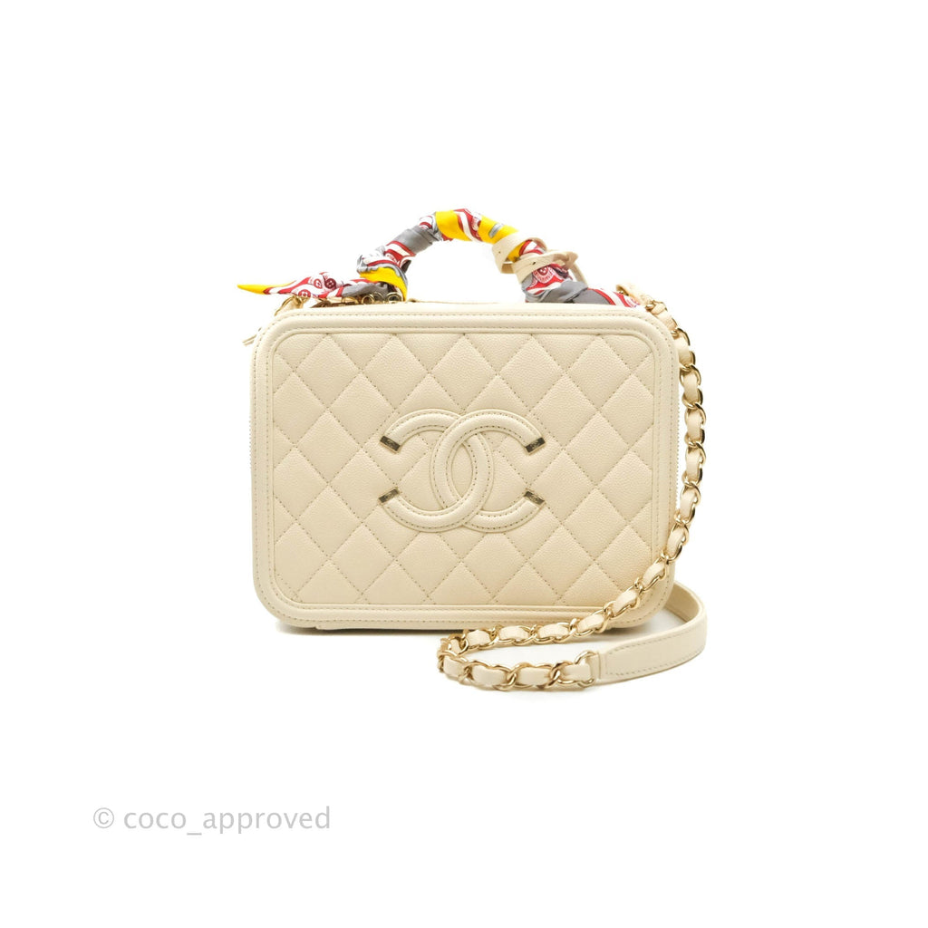 Chanel Quilted Medium CC Filigree Vanity Case Ivory Caviar Gold Hardware