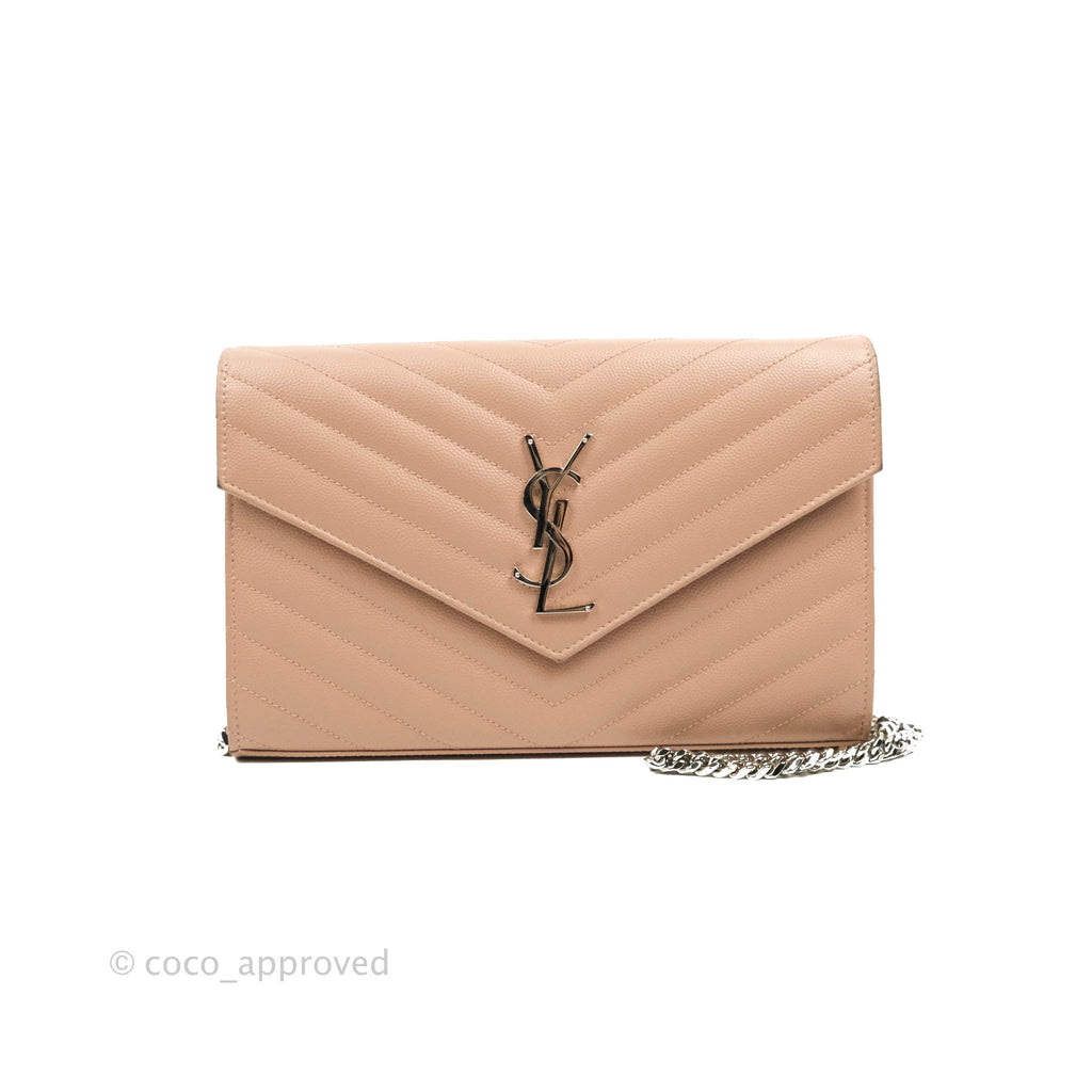 Saint Laurent Wallet on Chain Beige Grained Leather Silver Hardware