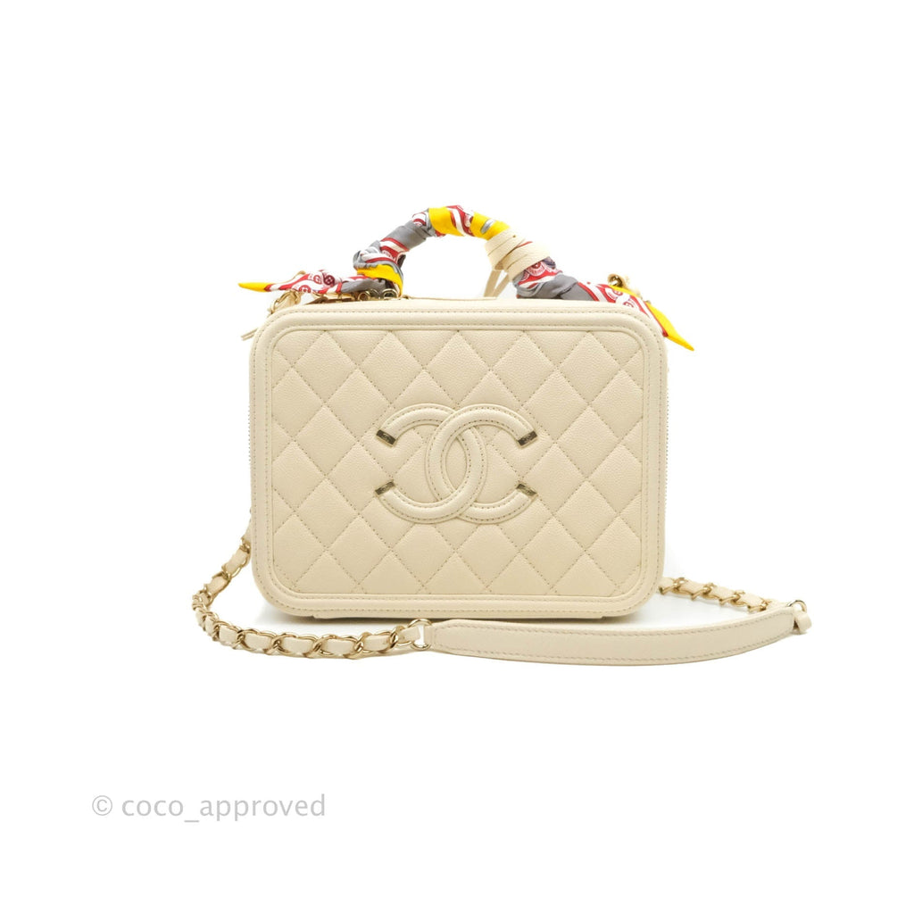 Chanel Quilted Medium CC Filigree Vanity Case Ivory Caviar Gold Hardware