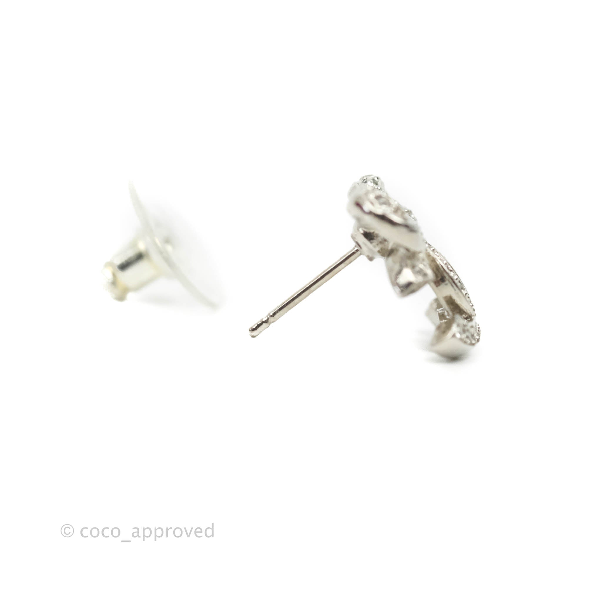 CHANEL Crystal CC Bow Drop Earrings Silver 972790