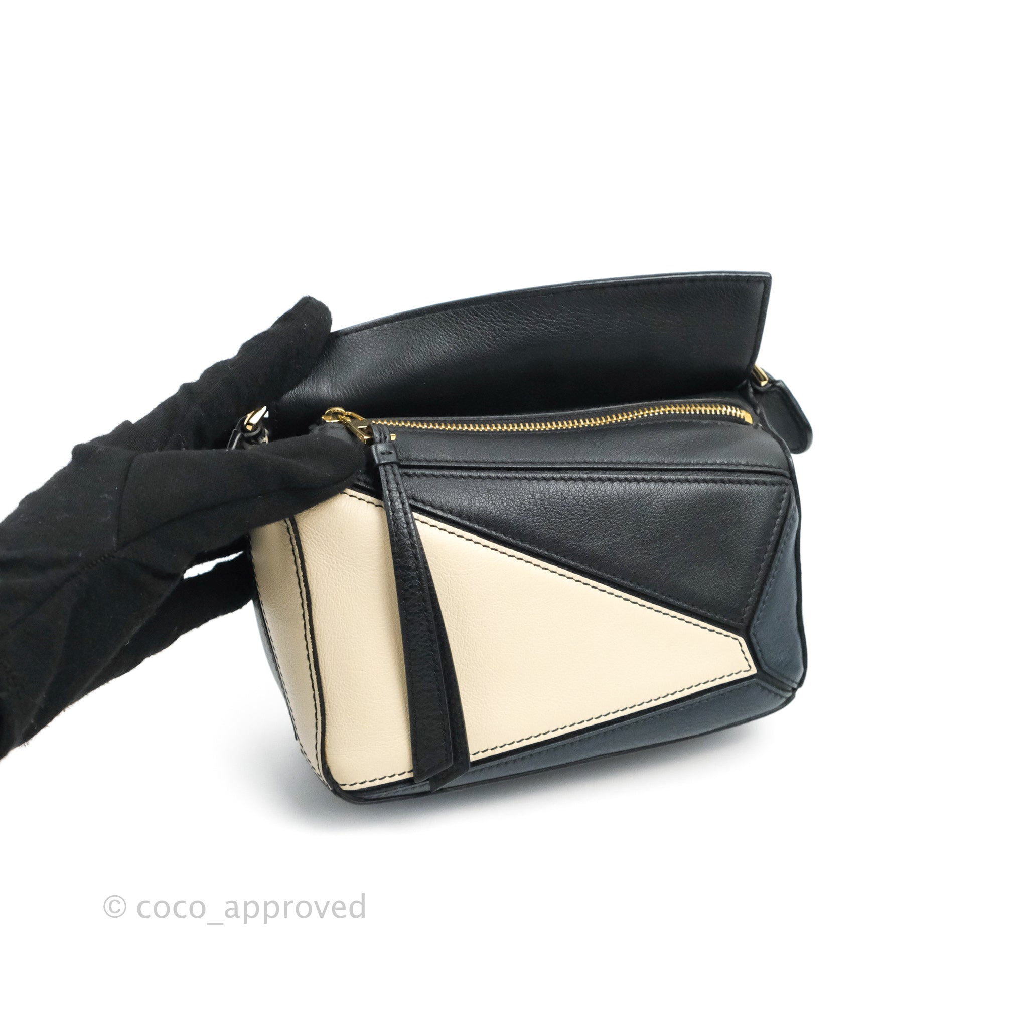 Loewe Mini Puzzle Bag Black/White/Navy Calfskin Gold Hardware