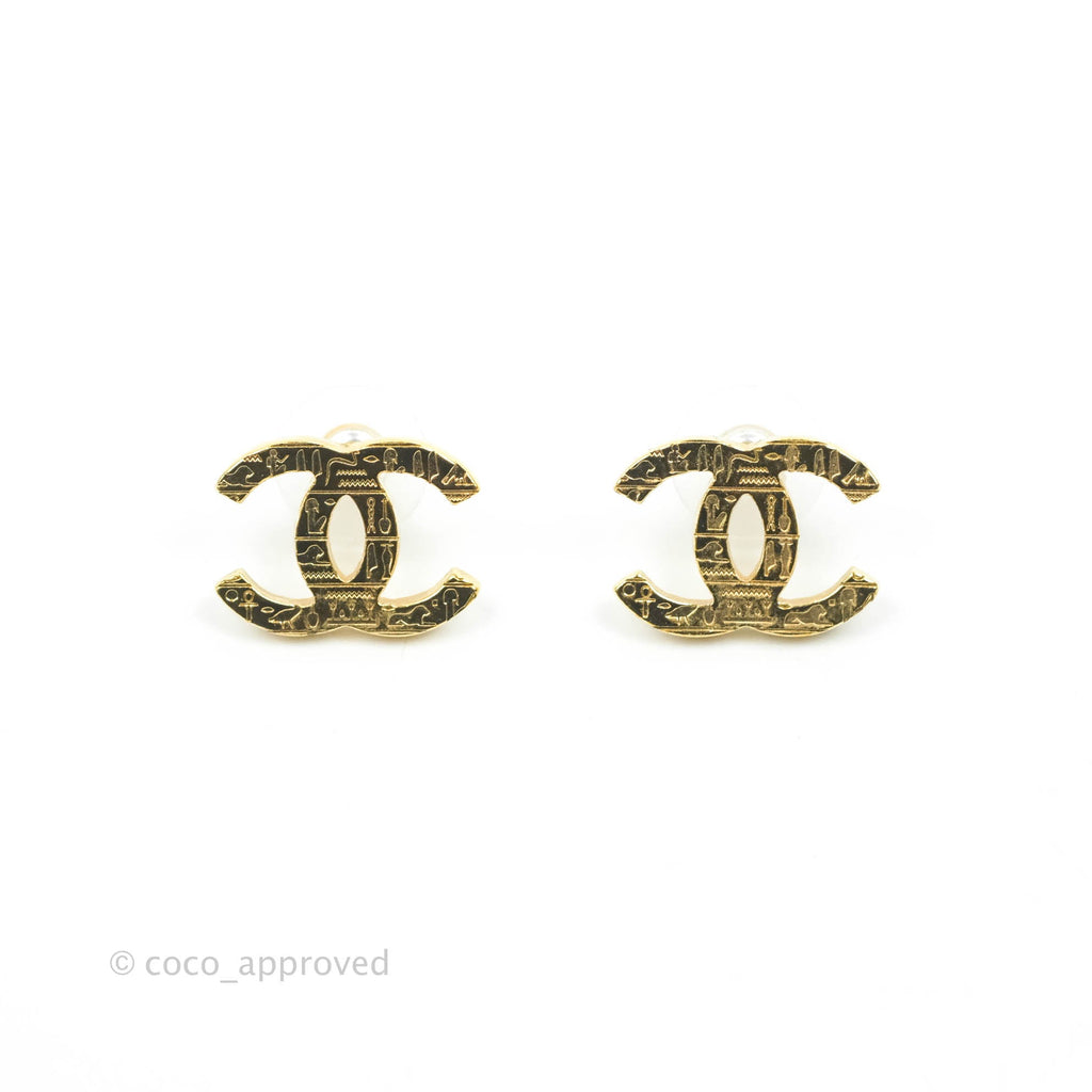 Chanel CC Hieroglyphs Earrings Gold Tone 19A