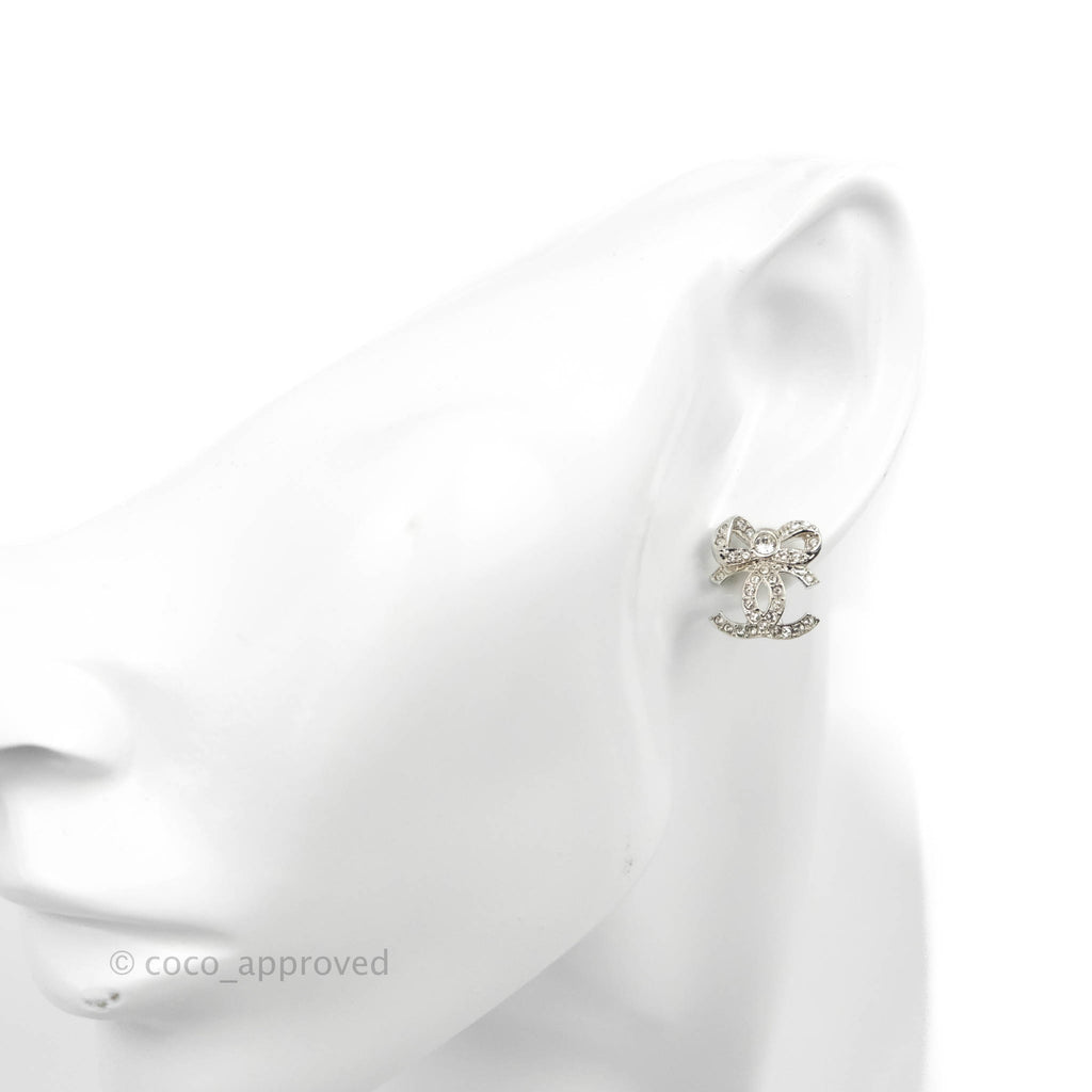 Chanel Crystal CC Bow Knot Earrings Silver Tone 22B